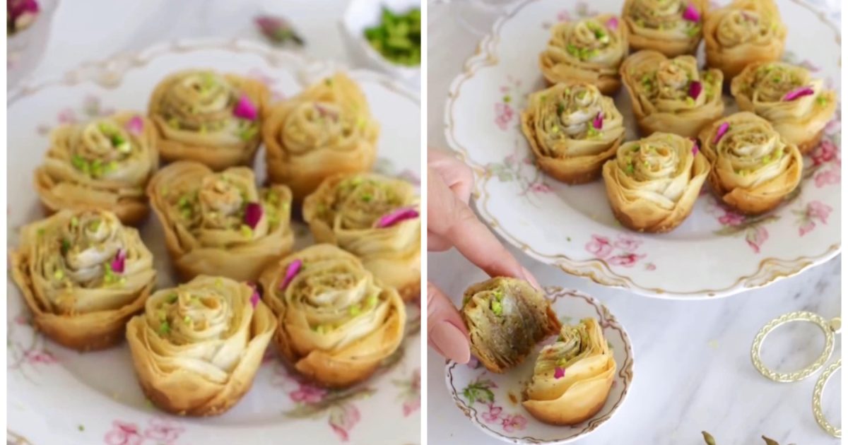 Rose-shaped pistachio baklava